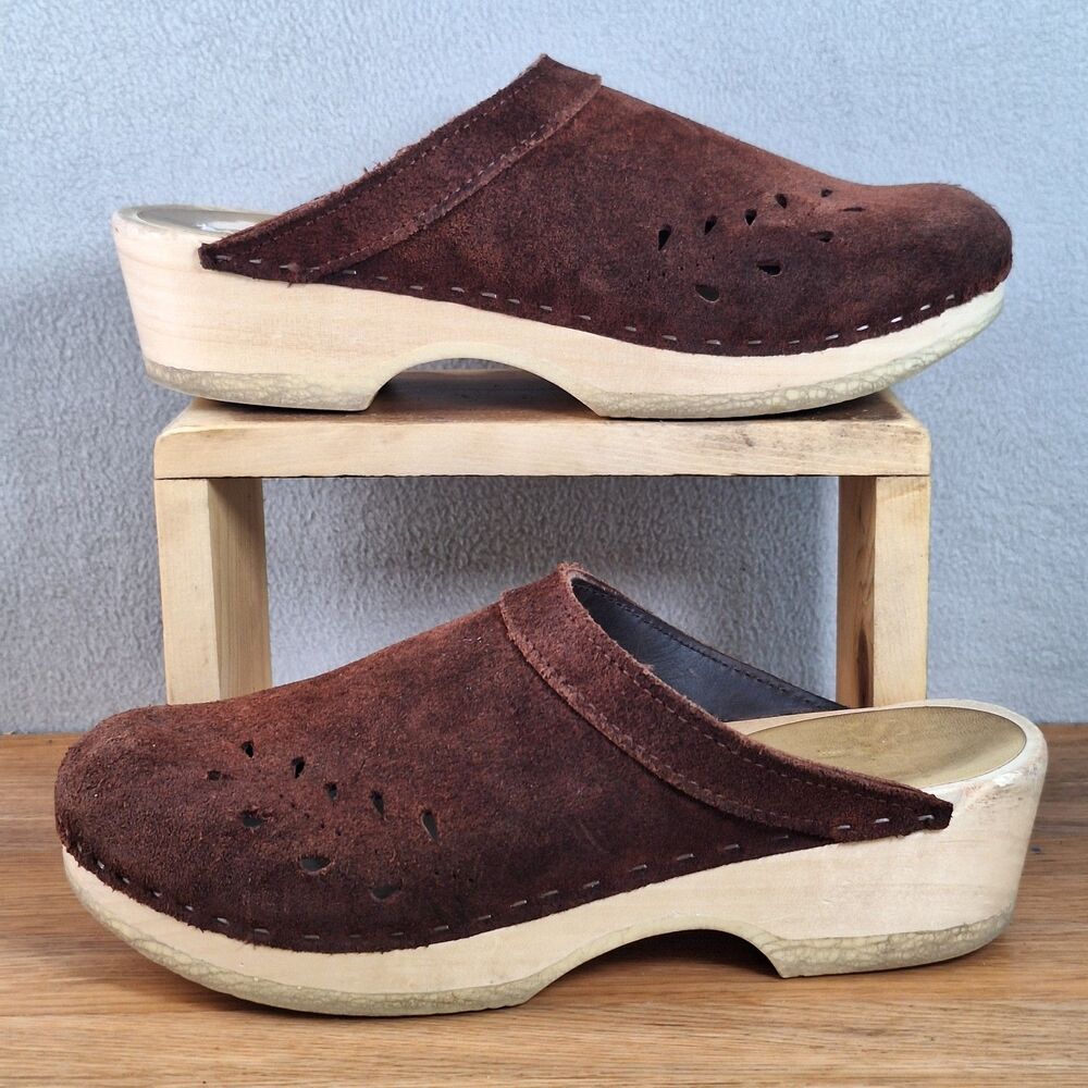 Sven Women's EU 40 Slip-On Suede Clogs Brown Leaf Punch Detail Leather Lined - Picture 5 of 13